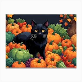 Black Cat Sitting In A Pile Of Pumpkins 1 Canvas Print