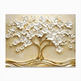 3d Golden Tree Life With White Flowers 1 Canvas Print