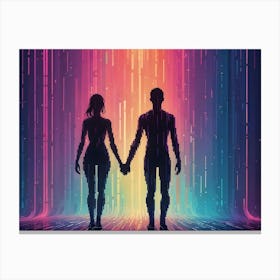 Silhouette Of A Couple Holding Hands Walking Into A Glowing Digital Portal Canvas Print