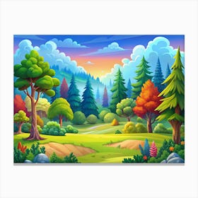 Colorful Forest Landscape With A Path And Mountains In The Background Canvas Print