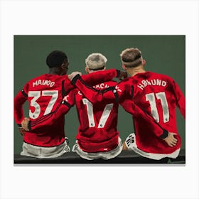 Manchester United Players Hugging Mainoo Garnacho and Højlund Canvas Print