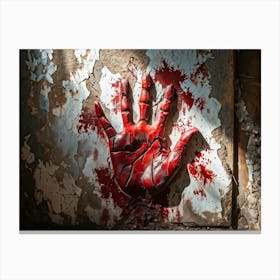 Creepy Textured Bloody Handprint Smudged On An Old Worn Wall Contrasting Against The Peeling Pale (6) Canvas Print