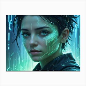 A Close Up Portrait Of A Woman With A Futuristic, Digital Overlay On Her Face, Creating A Striking And Intriguing Image Canvas Print