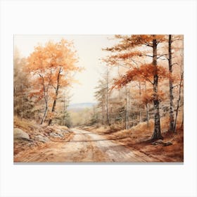 A Painting Of Country Road Through Woods In Autumn 1 Canvas Print