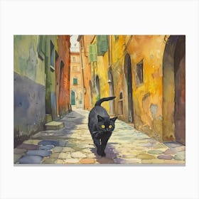Black Cat In Ravenna, Italy, Street Art Watercolour Painting 2 Canvas Print
