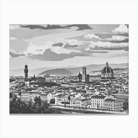 Panoramic View of Florence. This image depicts a panoramic view of Florence, Italy, showcasing its iconic architectural landmarks. The prominent structures include the Florence Cathedral with its distinctive dome and the Palazzo Vecchio with its tall tower. The cityscape is set against a backdrop of rolling hills and a partly cloudy sky, capturing the historical and cultural essence of Florence. 1 Canvas Print