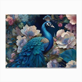 Peacock With Flowers Canvas Print