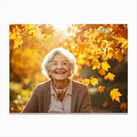 Elderly Woman Radiating Joy Amidst Crisp Autumn Leaves Close Up Orange Yellow Foliage Surrounding (7) Canvas Print