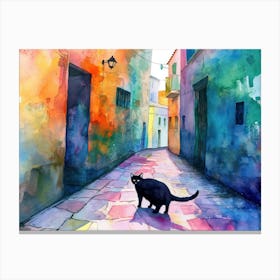 Black Cat In Taranto, Italy, Street Art Watercolour Painting 1 Canvas Print