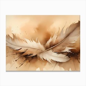 Two Delicate, Beige Feathers With Soft, Overlapping Layers Are Placed Against A Watercolor Style Background Of Brown And Beige Splatters Canvas Print