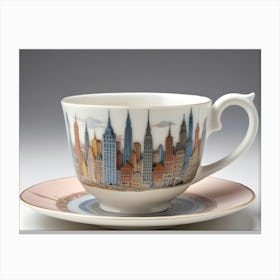 A Teacup And Saucer Featuring A Painted Depiction Of The New York City Skyline Canvas Print