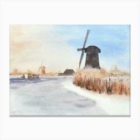 Windmills In Winter watercolor Canvas Print