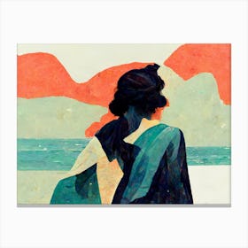 Woman Walking Into The Sea Painting Canvas Print