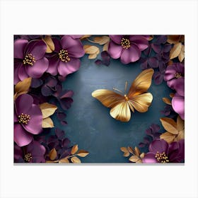 3d Art Abstract Floral Background with Magenta Flowers and Golden Butterfly Canvas Print