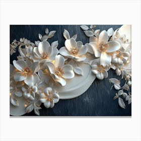 3d White And Blue Background Adorned With Golden Jewelry And Flowers 1 Canvas Print