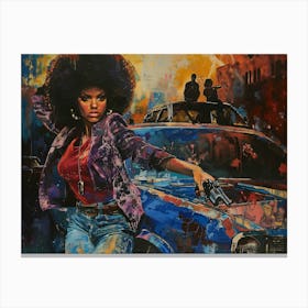 1970s streets with woman posing, Funk art style Canvas Print