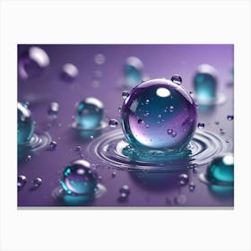 Colorful Water Droplets Form Spheres Of Various Sizes On A Reflective Purple Surface, Some Creating Ripples Canvas Print