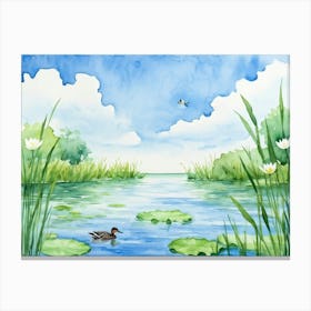 Watercolor Painting Depicting A Tranquil Scene With Water Lilies And A Leaf Floating On A Serene Swe 2 Canvas Print