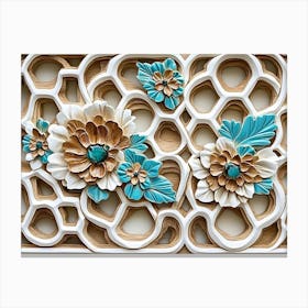 Oak Artwork Adorned With White Lattice, Turquoise Accents, And Floral Hexagonal Painting Canvas Print