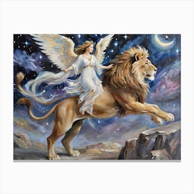 Angel Riding Lion In The Galaxy Canvas Print