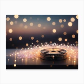 A Reel Of Film Is Placed On A White Surface, Surrounded By Fairy Lights Canvas Print