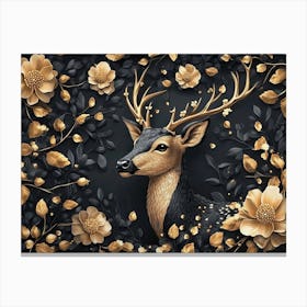 Elegant Luxury Golden and Black Deer Animal with Seamless Flowers with Leaves Canvas Print