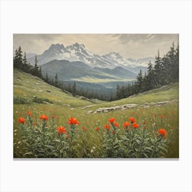 Vintage Oil Painting of indian Paintbrushes in a Meadow, Mountains in the Background 14 Canvas Print