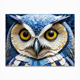 Close Up Of A Mosaic Owl Sculpture, Featuring Blue, Yellow, And White Tiles Canvas Print