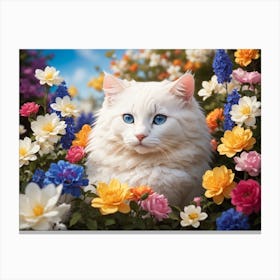 White Cat In Flowers Canvas Print