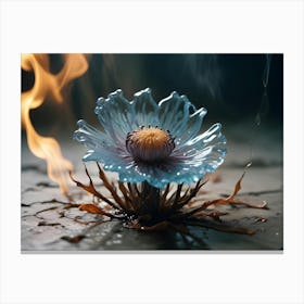 An Image Of A Delicate, Blue Flower With A Golden Center, Surrounded By Flames And Smoke Canvas Print