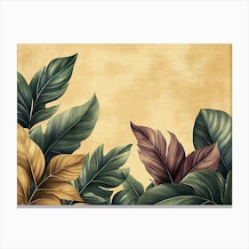 Vintage Tropical Green Brown Leaves, Beige Background, Golden Texture 10 Canvas Print