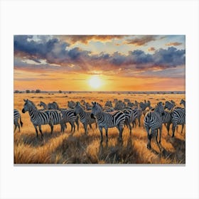 Dusk on the Endless Plains Zebras At Sunset Canvas Print