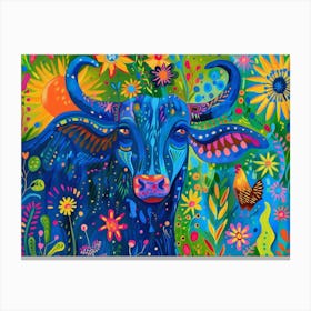 Blue Cow With Flowers Canvas Print