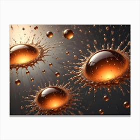 Three Golden Spheres Surrounded By Splashing Liquid, Creating A Sense Of Energy And Motion Against A Dark Background Canvas Print