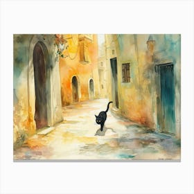 Black Cat In Taranto, Italy, Street Art Watercolour Painting 4 Canvas Print