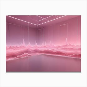 A Pink Room With Neon Lights Illuminating A Futuristic Landscape On The Wall Canvas Print