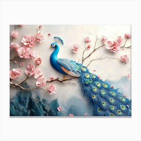 3d Artwork Background Blue Peacock On Branch Art With Flowers 1 Canvas Print