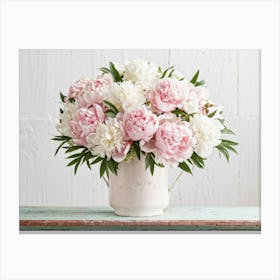 A Bouquet Of Pastel Pink And Pristine White Peonies With Hints Of Red Arranged Densely In A Natural (2) Canvas Print