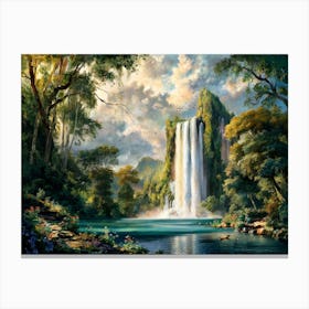 Majestic Waterfall Forest with Flowers Painting #9 Canvas Print