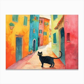 Black Cat In Cesena, Italy, Street Art Watercolour Painting 4 Canvas Print