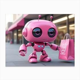 A Pink Robot With Big Eyes And A Friendly Expression, Holding A Pink Shopping Bag Canvas Print