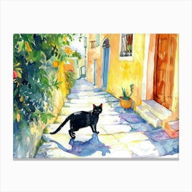 Athens, Greece   Black Cat In Street Art Watercolour Painting 3 Canvas Print