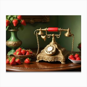 A Vintage Rotary Phone With A Gold Finish And Red Accents Sits On A Wooden Table Surrounded By Bowls Of Strawberries Canvas Print