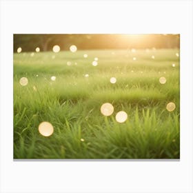 A Close Up Shot Of A Grassy Field At Sunset, With Water Droplets And Bokeh Effects Canvas Print