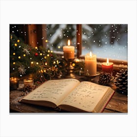 Festive Christmas Journal Open On A Wooden Desk Adorned With Pine Cones And Flickering Candles Pag Canvas Print