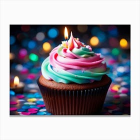 Cupcake With Vibrant Swirls Of Pink Blue And Green Frosting Single Lit Candle Atop Celebrating A (1) Canvas Print