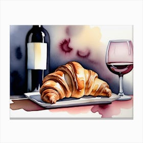 Croissant and Wine watercolor painting 4 Canvas Print