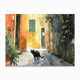 Black Cat In Palermo, Italy, Street Art Watercolour Painting 4 Canvas Print