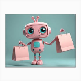 A Cute, Pink Robot With Blue Eyes Is Holding Two Pink Shopping Bags Canvas Print