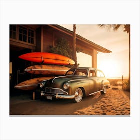 California Dreaming - Vintage Car Sunset Beach Canvas Print